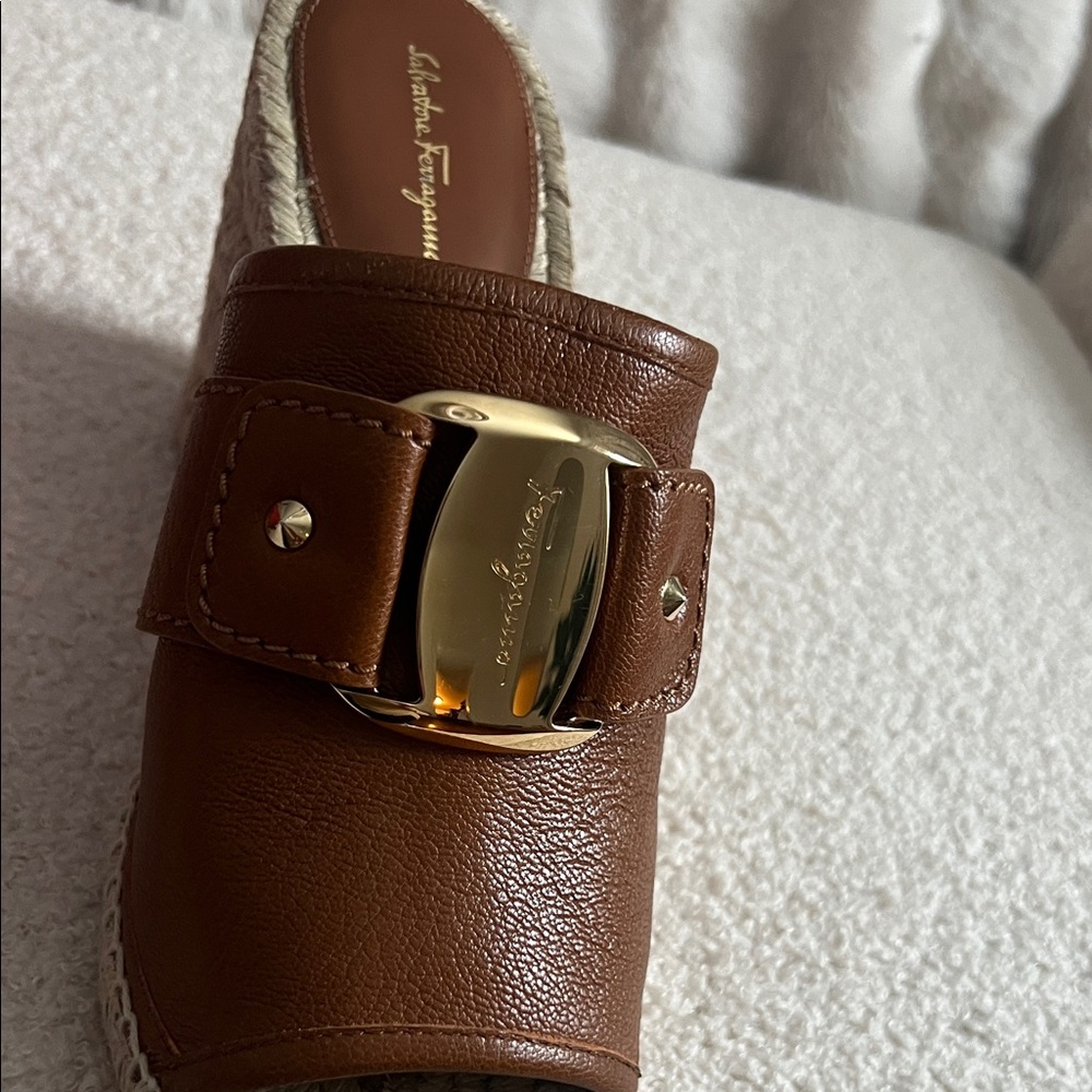 Salvatore Ferragamo Tan Leather Slip-Ons with Gold Buckle